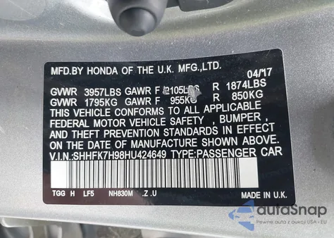 2017 Honda Civic Sport Touring z USA, uszkodzony, nr VIN SHHFK7H98HU424649